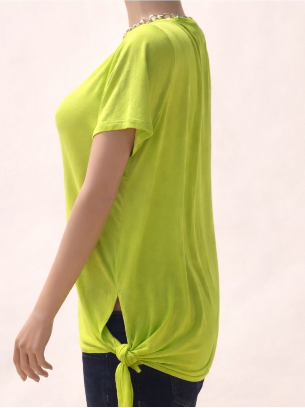 Michael Kors Chartreuse Tie Side Top Size Large Keyhole Back Short Sleeve Blouse - Picture 4 of 9